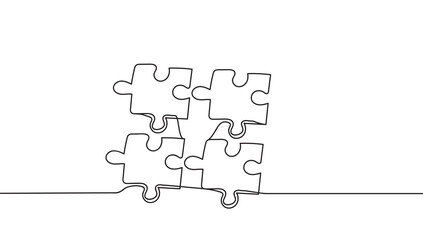 Continuous one line drawing of four pieces jigsaw puzzle