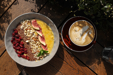 Breakfast food menu salads granola waffles cheese and tea