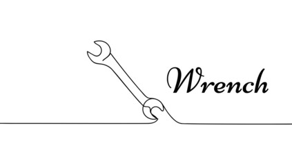 One mechanical wrench for nuts drawn in one continuous line black color isolated on white background