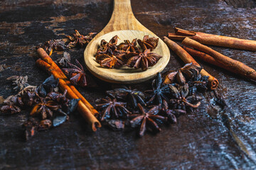 Cinnamon spices and star anise used in cooking