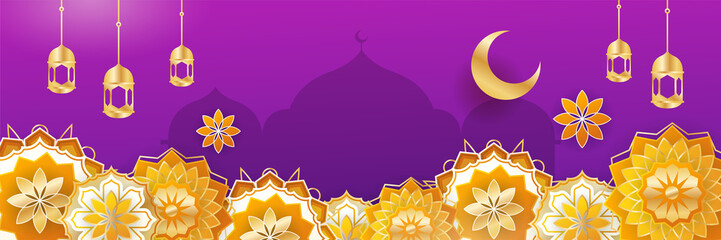 Fototapeta na wymiar Islamic ramadan banner background with crescent pattern moon star mosque lantern. Vector illustration. Design for Eid Fitr, Eid Adha, Ashura, Islamic New Year, Muharram, Mawlid, Hajj, and Isra Miraj