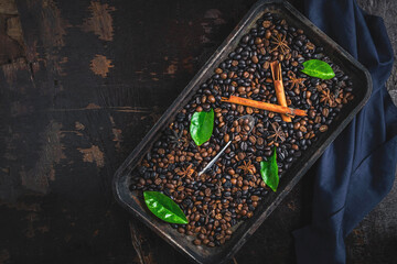 Roasted coffee beans in a tray
