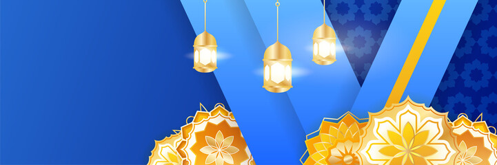 Islamic ramadan banner background with crescent pattern moon star mosque lantern. Vector illustration. Design for Eid Fitr, Eid Adha, Ashura, Islamic New Year, Muharram, Mawlid, Hajj, and Isra Miraj