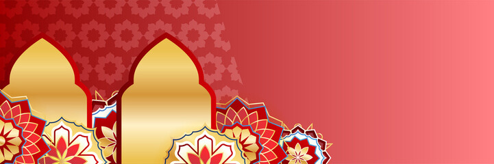 Islamic ramadan banner background with crescent pattern moon star mosque lantern. Vector illustration. Design for Eid Fitr, Eid Adha, Ashura, Islamic New Year, Muharram, Mawlid, Hajj, and Isra Miraj