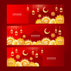 Fototapeta na wymiar Set of islamic ramadan banner background with crescent pattern moon mosque lantern. Vector illustration. Design for Eid Fitr, Eid Adha, Ashura, Islamic New Year, Muharram, Mawlid, Hajj, and Isra Miraj