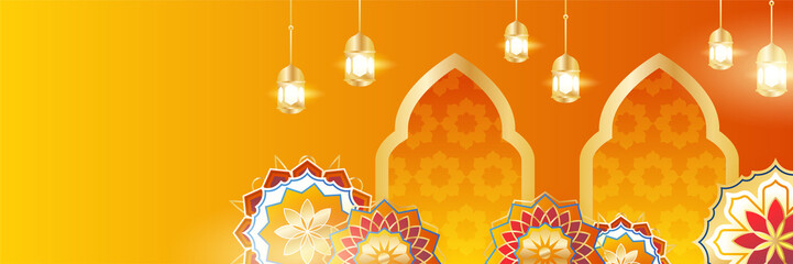 Islamic ramadan banner background with crescent pattern moon star mosque lantern. Vector illustration. Design for Eid Fitr, Eid Adha, Ashura, Islamic New Year, Muharram, Mawlid, Hajj, and Isra Miraj