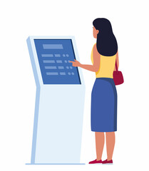 Woman using self-service payment and information electronic terminal with touch screen. Vector illustration in flat style.