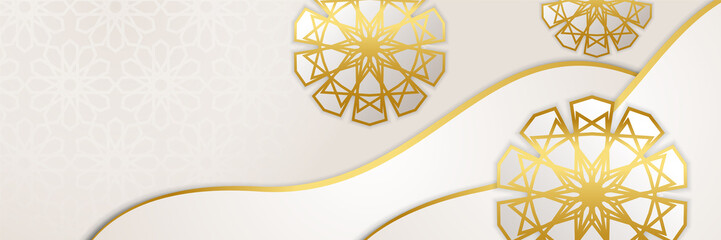 Islamic ramadan banner background with crescent pattern moon star mosque lantern. Vector illustration. Design for Eid Fitr, Eid Adha, Ashura, Islamic New Year, Muharram, Mawlid, Hajj, and Isra Miraj