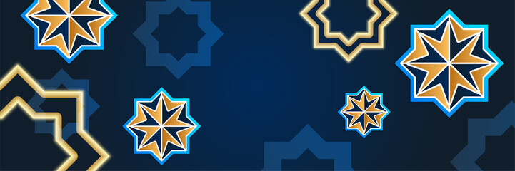 Islamic ramadan banner background with crescent pattern moon star mosque lantern. Vector illustration. Design for Eid Fitr, Eid Adha, Ashura, Islamic New Year, Muharram, Mawlid, Hajj, and Isra Miraj