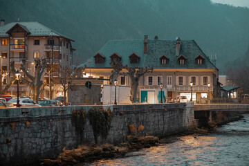Evening view of the village of Moutiers, looking from the river