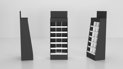 FSU free standing unit display mockup retail cardboard shelves stand pos 3d render - obrazy, fototapety, plakaty