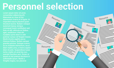 Recruitment of personnel . The employee is engaged in the study of applicants' questionnaires.Poster in business style.Flat vector illustration.