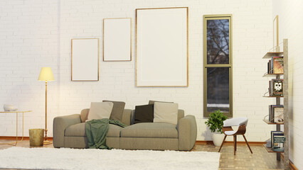 Photo mockup in livingroom interior 3d illustration cozy place home decoration minimalist