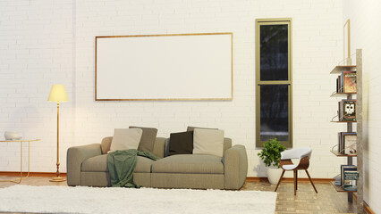 Home interior livingroom design 3d rendering with cozy sofa minimalist mock up photo frame