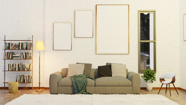 Interior design livingroom with photo frame gallery mockup psd cozy place