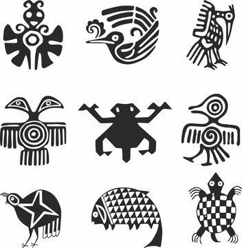 Vector monochrome set of indian symbols, native americans. Indigenous signs of Central and South America.
