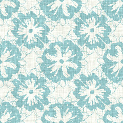 Aegean teal mottled flower linen texture background. Summer coastal living style 2 tone fabric effect. Sea green wash distressed grunge material. Decorative floral motif textile seamless pattern