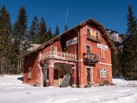 Cortina d'Ampezzo, Italy - February 26 2022: Casa Cantoniera Road Worker's House in the Belluno Region in Winter.