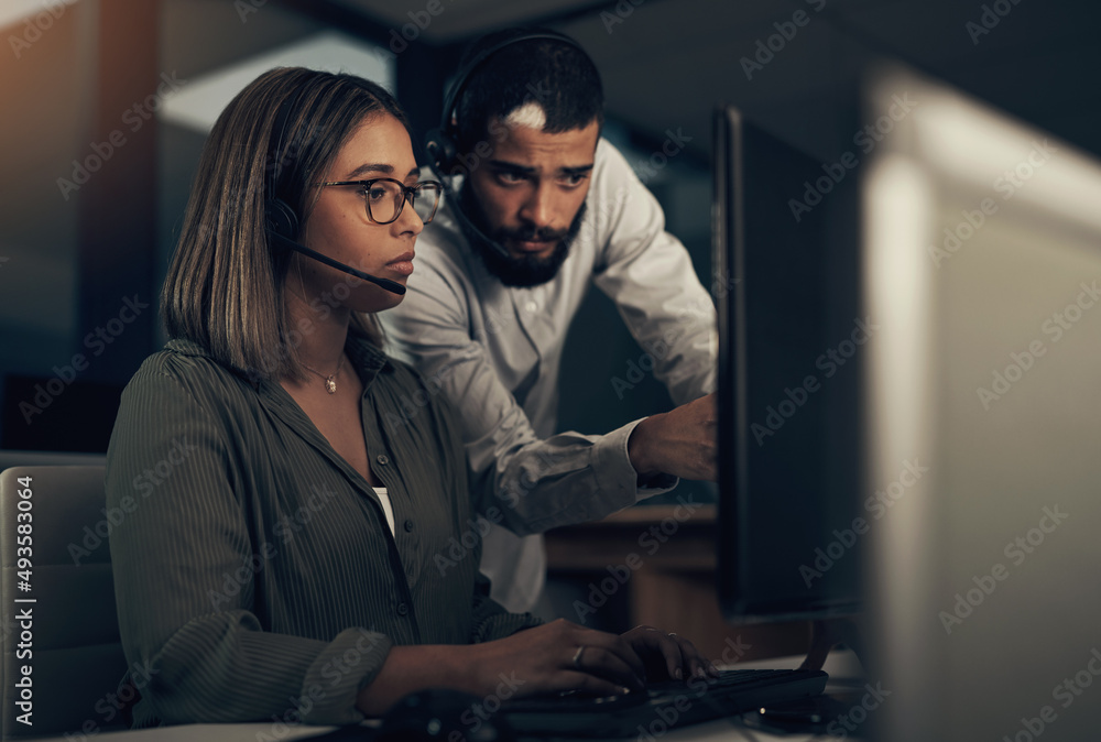 Poster follow these prompts and it should solve the issue. shot of two call centre agents working together 