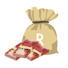 South Africa Rand Vector Illustration. African money set bundle banknotes. Money bag 50 Db. Flat style. Isolated on white background. Simple minimal design.