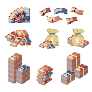 South Africa Rand Vector Illustration. Huge packs of African money set bundle banknotes. Bundle with cash bills. Deposit, wealth, accumulation and inheritance. Falling money 50, 100, 200 R.
