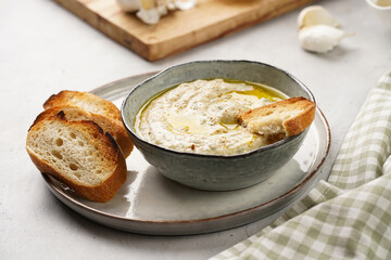 Traditional dish of arabic cuisine baba ganoush made of roasted eggplant, tahin, cilantro, garlic, olive oil, lemon juice with toasted baguette croutons on grey background
