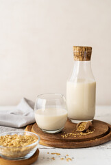 Oat milk in glass and bottle with whole grain oats