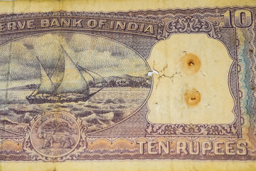 Close up view of rare ten rupee note on the table, Old Indian Currency notes on a rotating table, Rare Indian Currency close up view