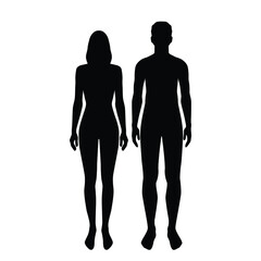 Vector silhouettes of man and woman standing, two person, body, couple,  black color, isolated on white background