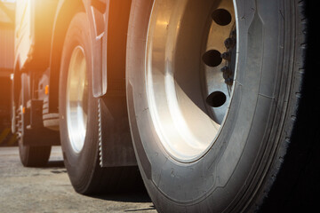 Close up, Semi Truck Wheels Tire. Freight Trucks Logistics. © Siwakorn1933