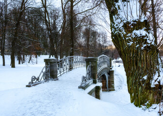Bridges in a snow-covered winter park in Gatchina, Leningrad region, Russia