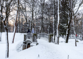 Bridges in a snow-covered winter park in Gatchina, Leningrad region, Russia