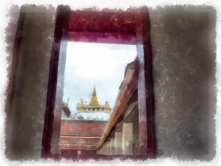 Ancient buildings in central Thai architecture in Wat Sa Bangkok Thailand watercolor style illustration impressionist painting.