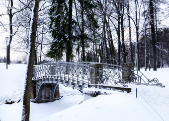 Bridges in a snow-covered winter park in Gatchina, Leningrad region, Russia