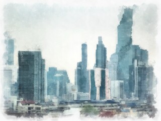 Bangkok city landscape Thailand watercolor style illustration impressionist painting.