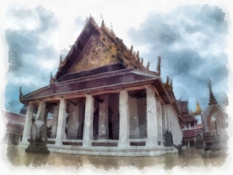 Ancient buildings in central Thai architecture in Wat Sa Bangkok Thailand watercolor style illustration impressionist painting.
