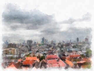 Ancient buildings in central Thai architecture in Wat Sa Bangkok Thailand watercolor style illustration impressionist painting.