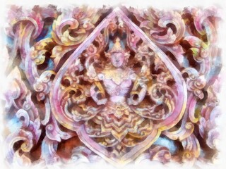 Ancient buildings in central Thai architecture in Wat Sa Bangkok Thailand watercolor style illustration impressionist painting.