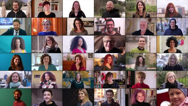 Collage or multi screen of multi-ethnic diverse people looking at the camera. Beautiful people of different age, background, ethnicity smiling together