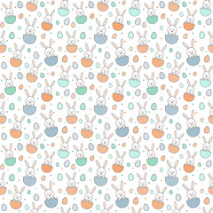 Colourful Easter pattern with rabbits and eggs. Wrapping paper concept. Vector
