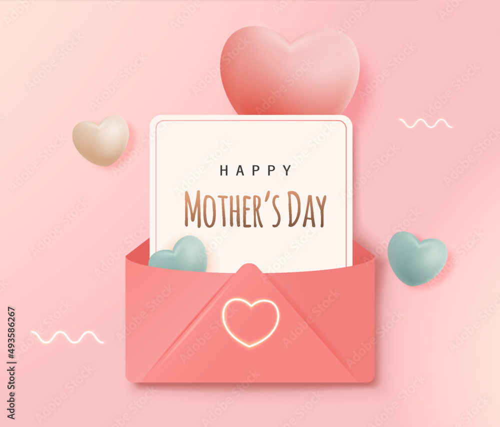 Wall mural 3d realistic happy mother's day ceative concept for greeting card, banner and template. mom balloon 