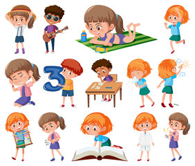 Set of children doing different activities on white background