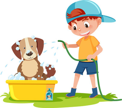 Little Boy Giving Dog A Bath