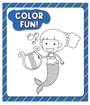 Worksheets template with color fun text and mermaid outline