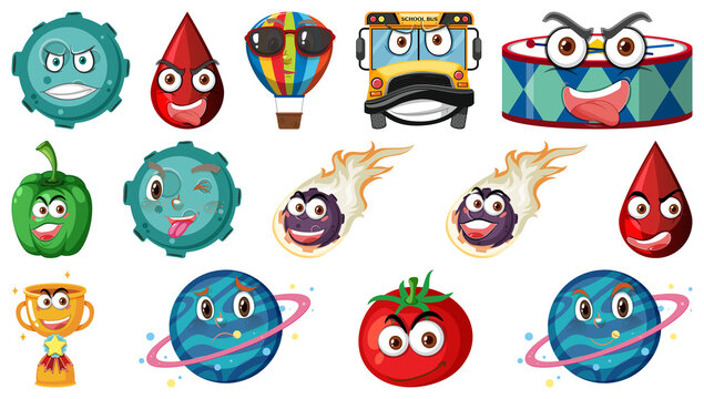 Set of different toy objects with smiley faces