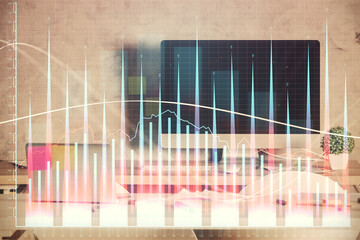 Multi exposure of financial graph drawing and office interior background. Concept of market analysis.