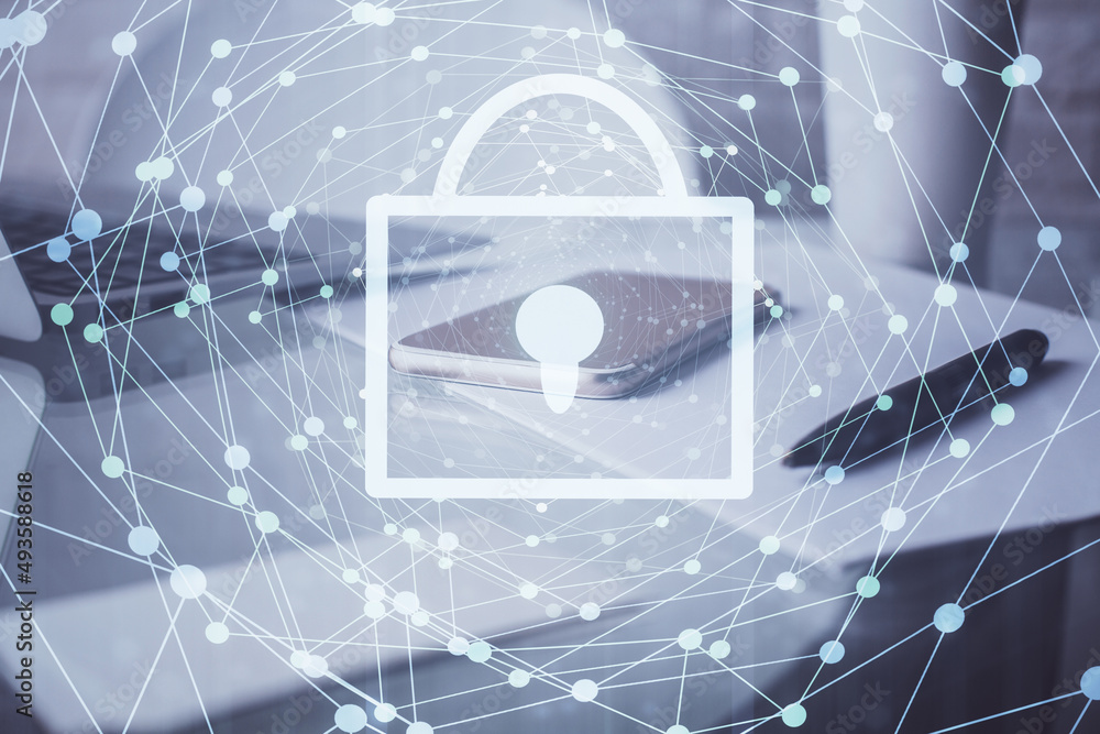 Poster double exposure of lock drawing and cell phone background. concept of information security