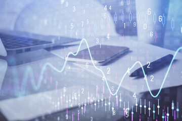 Double exposure of forex graph drawing and cell phone background. Concept of financial data analysis