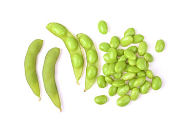 Green Soybeans, edamame beans on white background. Top view