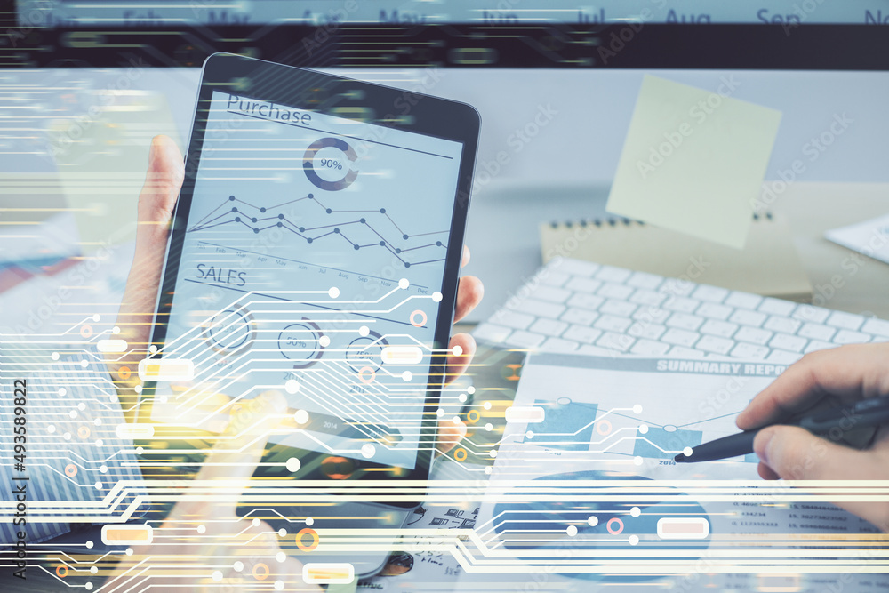 Poster Multi exposure of man's hands holding and using a digital device and data theme drawing. Innovation concept.